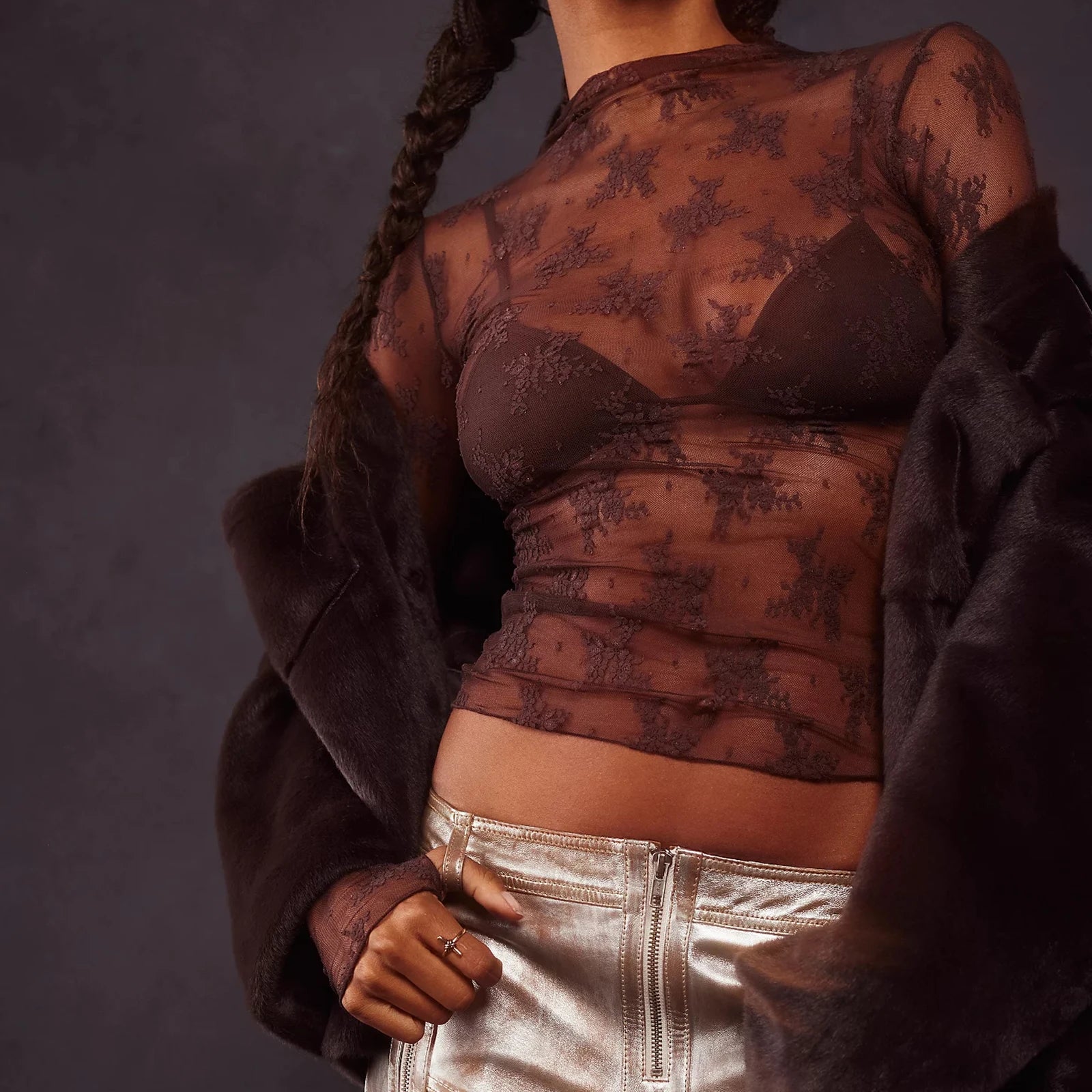 Imcute Women's Lace Layering Top Long Sleeve Sheer Mesh Mock Neck Undershirt Y2K Lace Floral Tops See Through Shirt Blouse