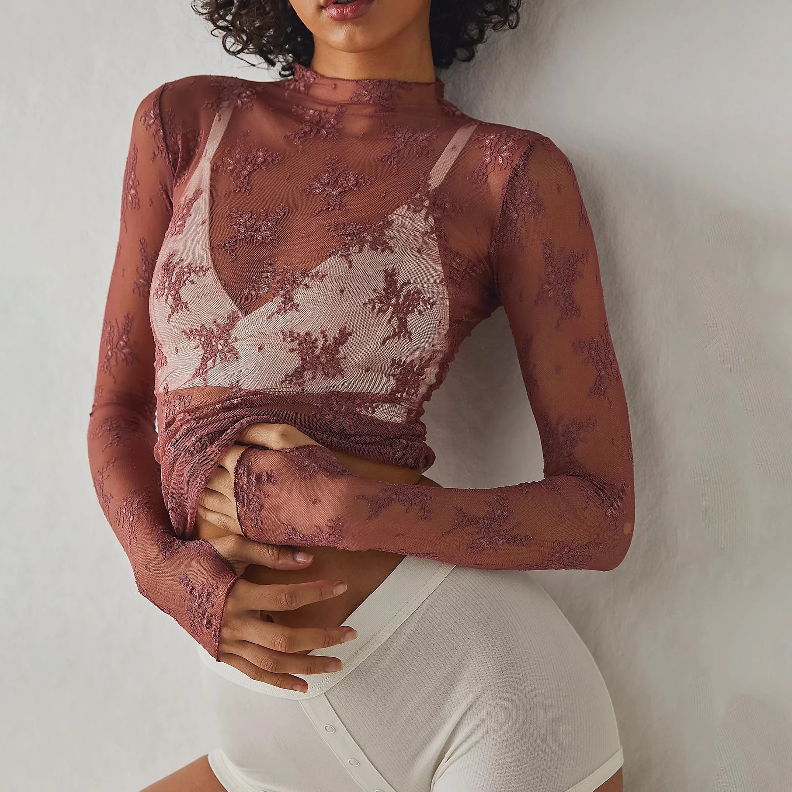 Imcute Women's Lace Layering Top Long Sleeve Sheer Mesh Mock Neck Undershirt Y2K Lace Floral Tops See Through Shirt Blouse